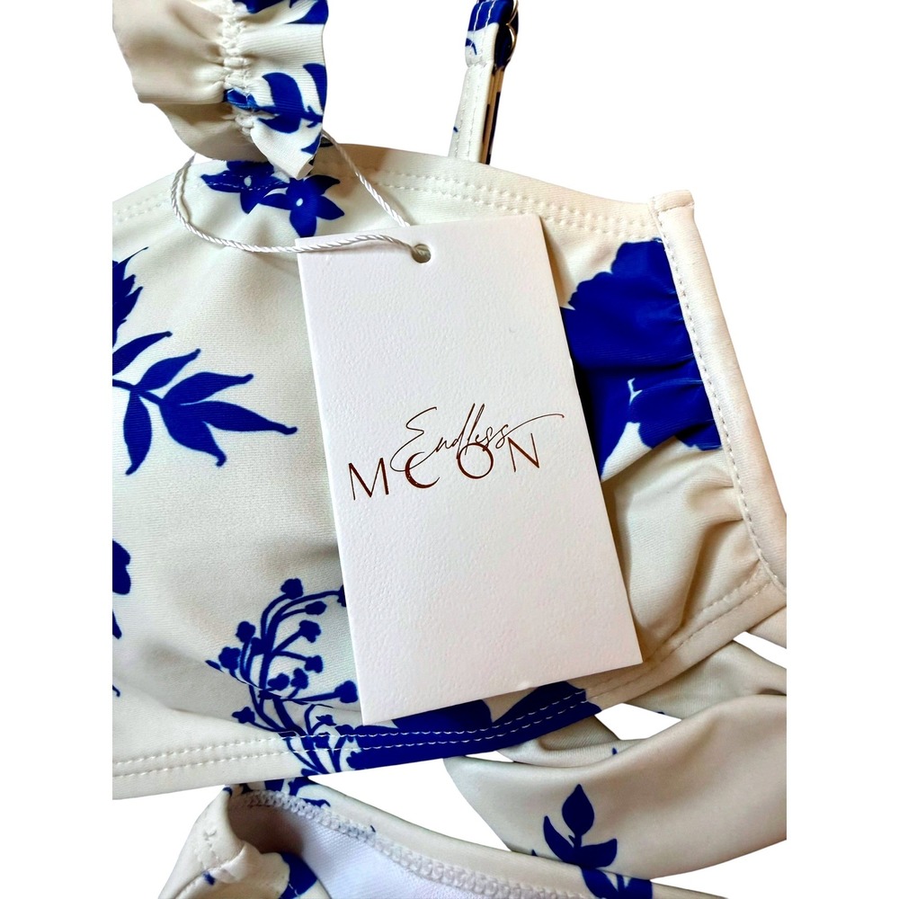 Endless Moon Blue White Floral Botanical Bikini Sz Medium Ruffle High Waist Tie - Picture 3 of 7